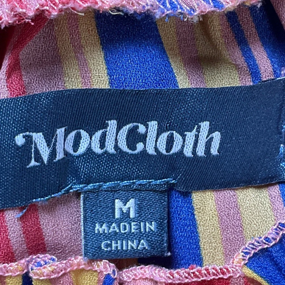ModCloth Midi Dress Womens M Multi Color Stripe Smocked Mock Neck Boho Retro